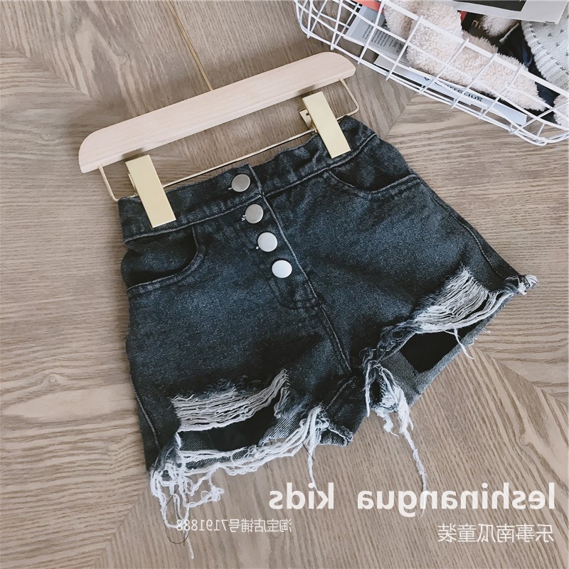 Flicka jeans shorts bebis flicka knapp gylf jeans shorts barn casual trasiga hål byxor flickor stretch slitna jeans