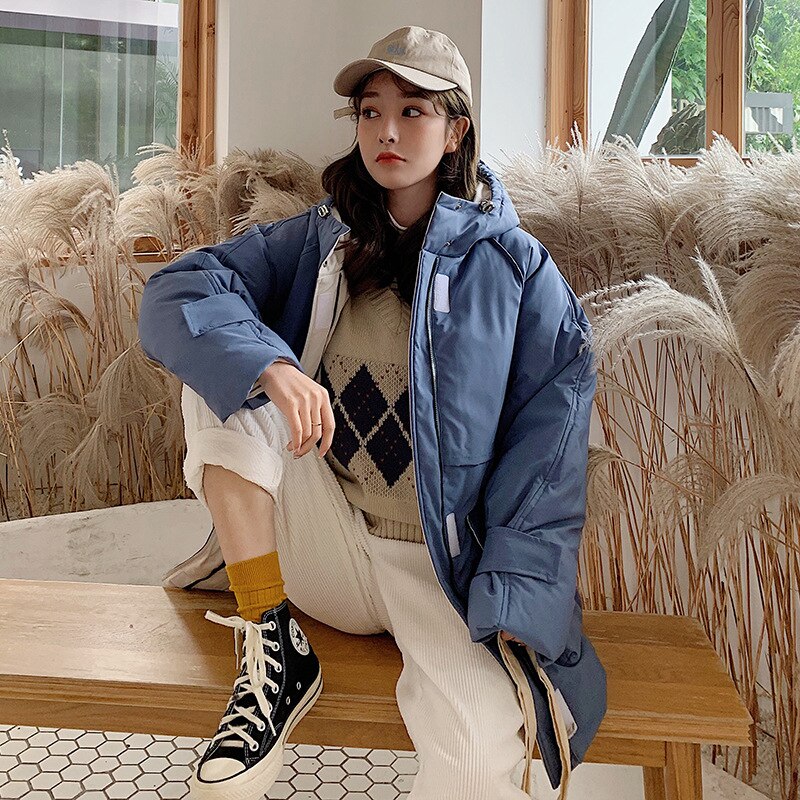 abrigo de invierno para mujer versión coreana suelta Chaqueta de algodón con tapa corta abrigo de invierno parka chaqueta de invierno para mujer parka 922: Azul / XL