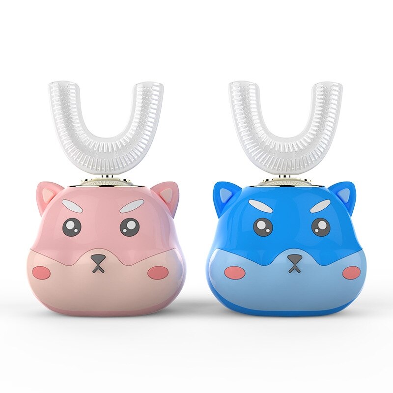 Cepillo de dientes eléctrico ultrasónico de grado alimenticio cabezal de cepillo de silicona para niños 360 grados de dibujos animados Linda mascota en forma de U cuidado de los dientes