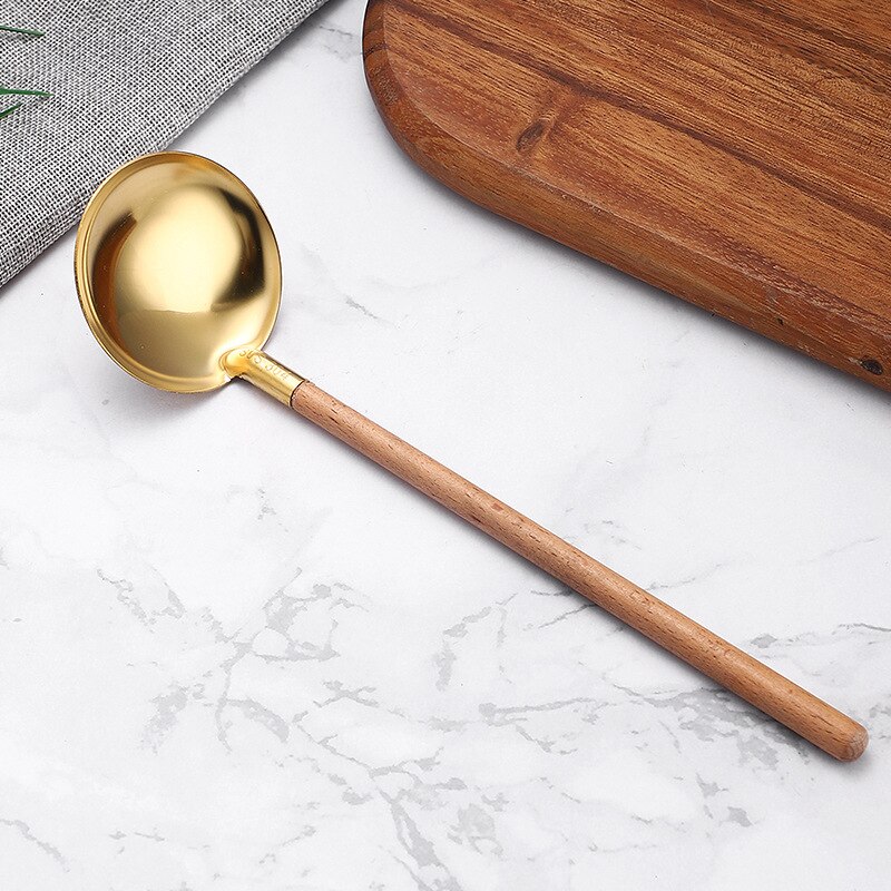 2PCS Stainless Steel Wooden Handle Spoon/Colander 26.7CM Pot Spoons Flatware Soup Drinking Tools Kitchen Gadget: C 1PC AS PIC