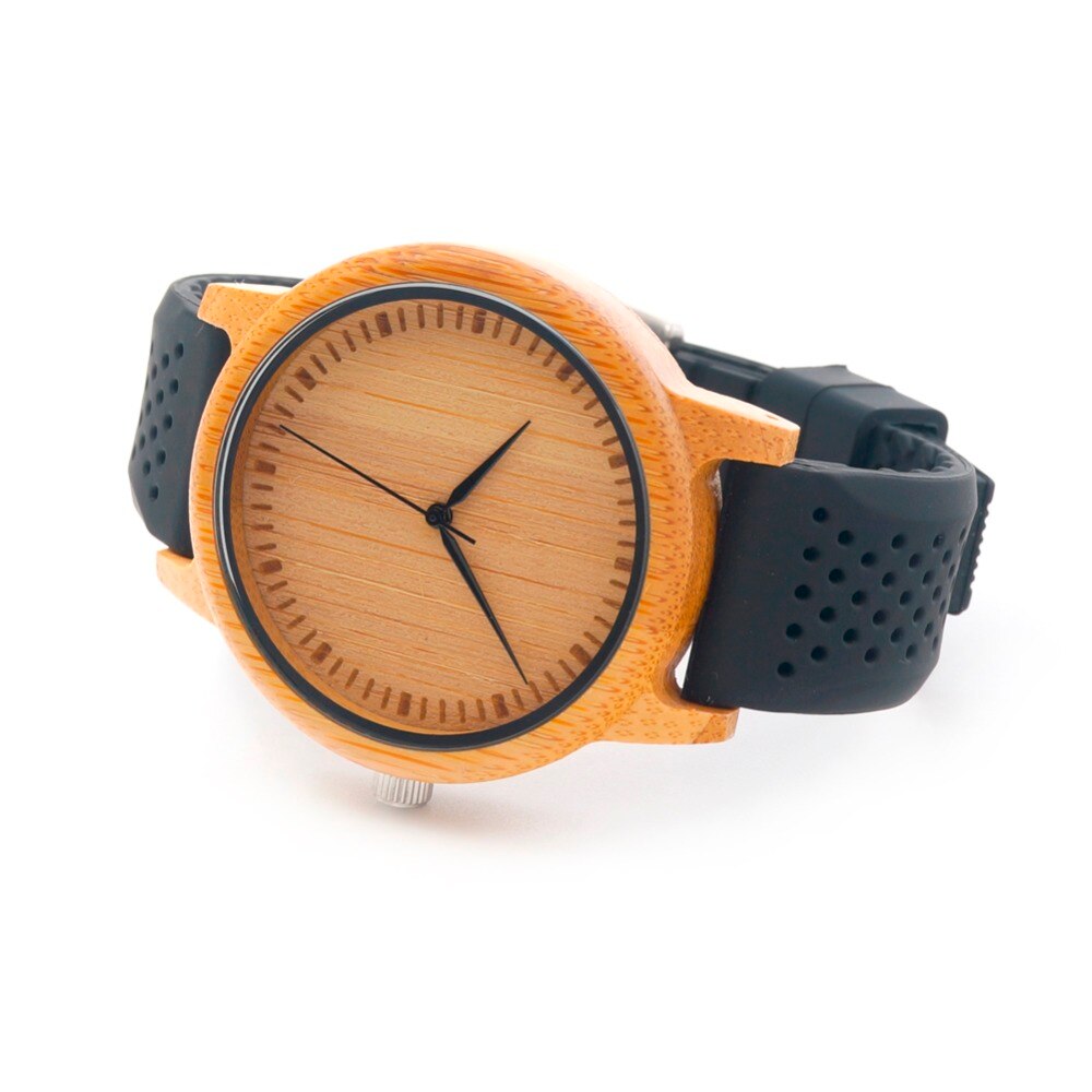 BOBO BIRD Men Watches Simple Style Bamboo Wooden Wristwatches Soft Silicone Strap Extra Band as