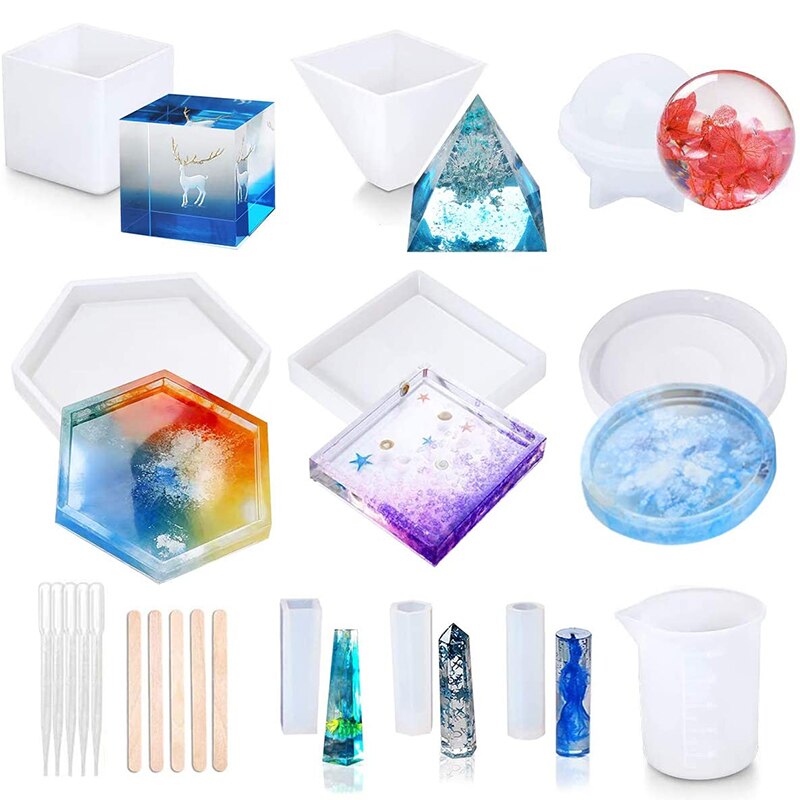 Hars Mallen, 20Pcs Diy Siliconen Hars Mallen, Epoxy Casting Mallen Met Meting Cup, druppelaar En Wood Sticks: Default Title