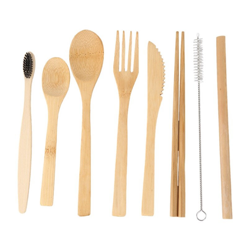 2-- pack bamboe bestek met bonus 2 bamboe tandenborstels bamboe rietje, lepel, vork, mes, theelepel, eetstokjes, borstel en 2 groene stokjes: Default Title