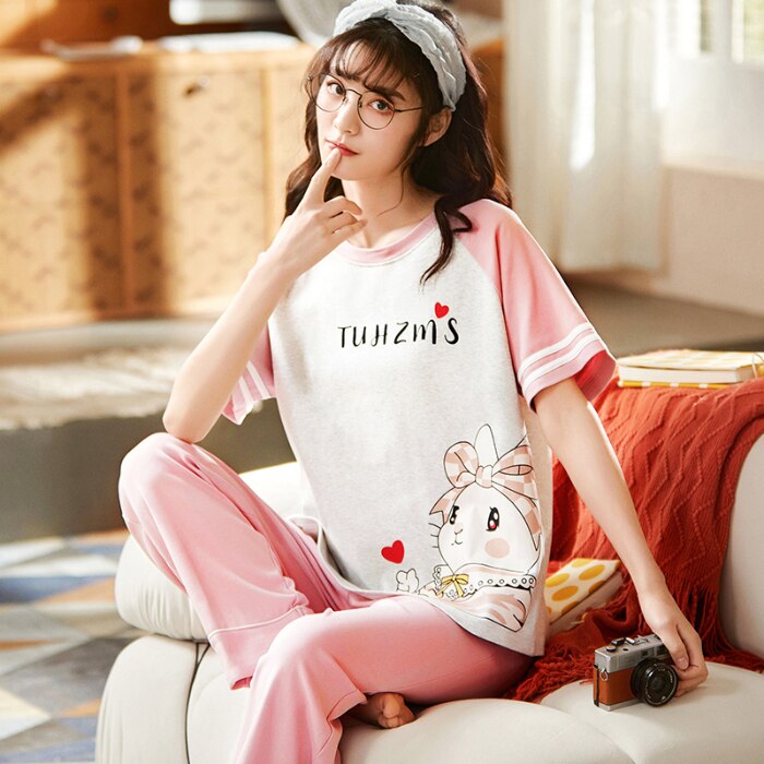 SONG Summer Autumn Couple Pajama Sets Combed Cotton Short Sleeve Casual Cartoon Home Suit Pyjamas 2 Pieces CP Match: women / XXL