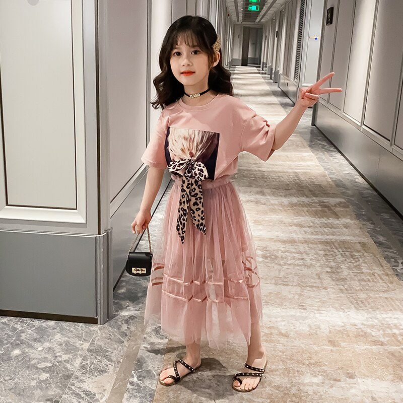 School Clothes Sets For Girls Summer 2Pcs Clothes Set Cotton Tshirt + Mesh Skirt Kids Teenage Outfits 4 6 8 10 12 Years