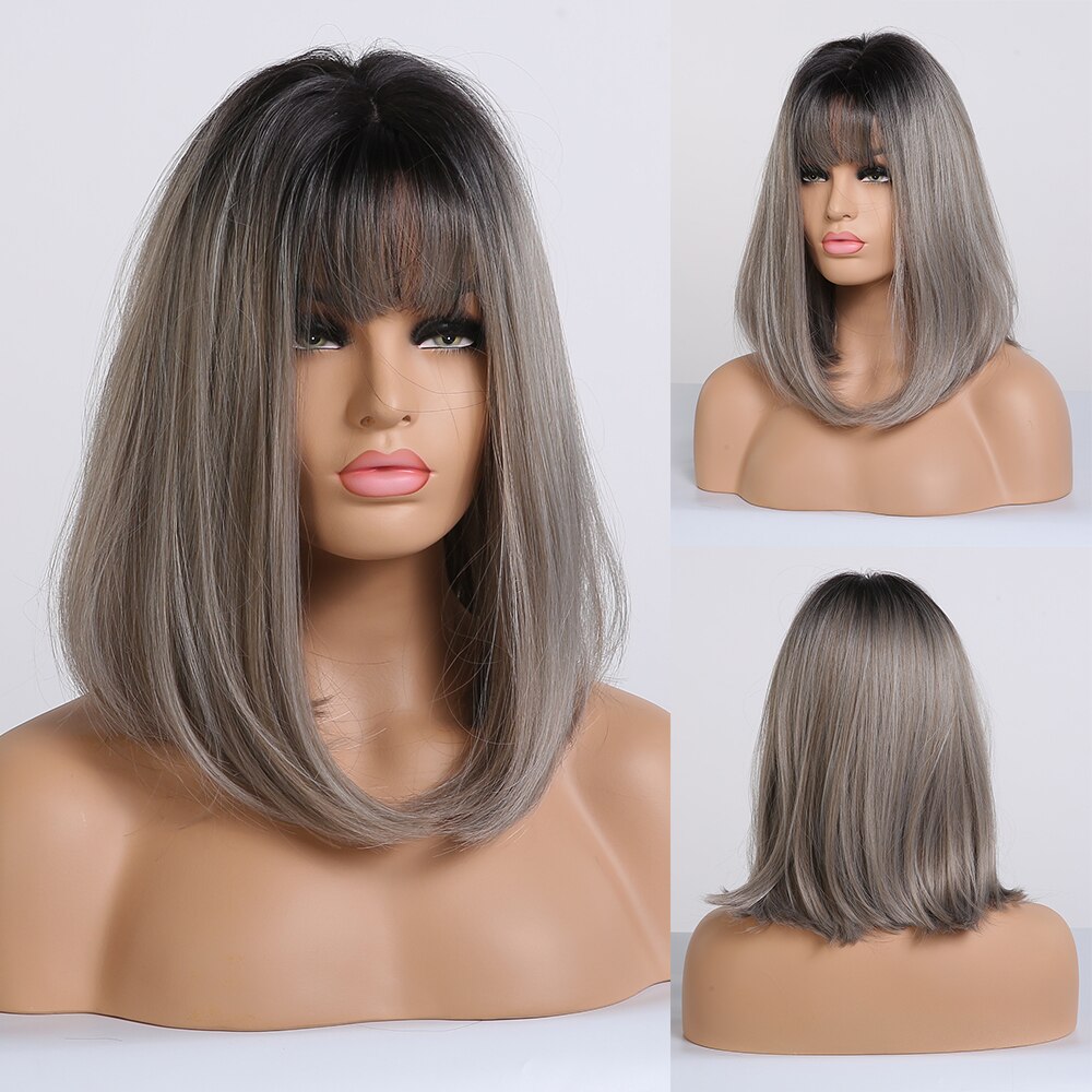 EASIHAIR Brown Ombre Bob Synthetic Wigs with Bangs for Women Medium Length Hair Bob Wig Wavy Heat Resistant Cosplay Wigs: LC246-1