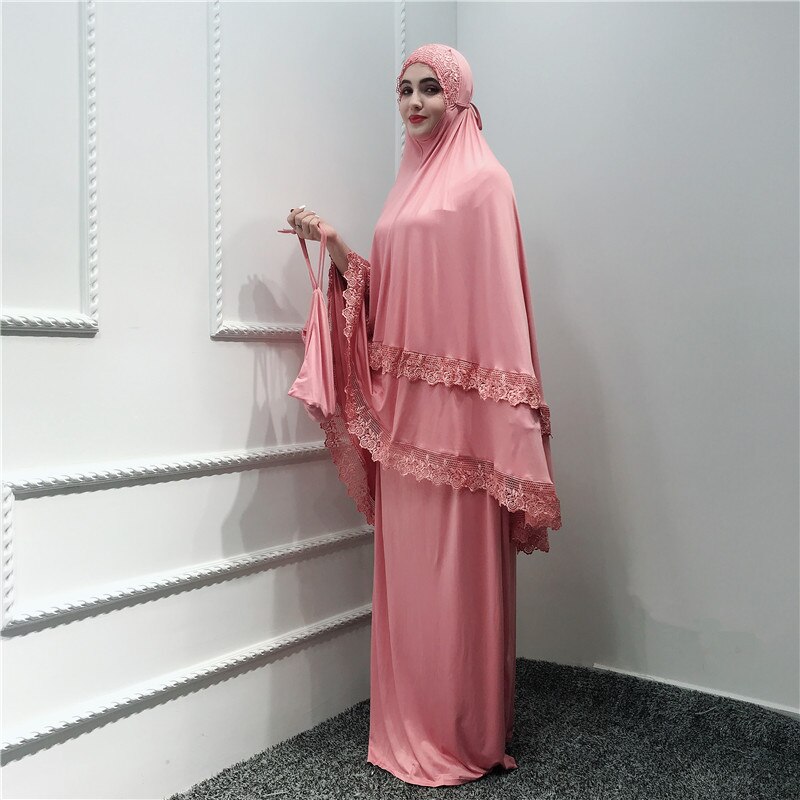 Muslimska ramadan böne plagg uppsättningar dyrka mantel kvinnor klänning turkiskt bröllop eid maxi dubai marockanska kaftan islamiska ropa 2 pecs: Rosa
