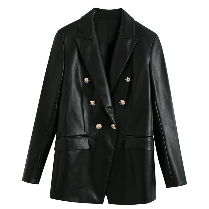 RR negro PU cuero chaquetas con muescas mujeres Triple pecho chaquetas mujeres elegantes trajes de manga larga Mujer señoras HAE: XS