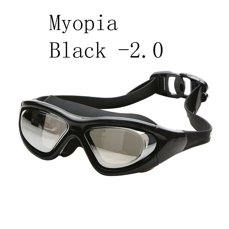 Swimming glasses Myopia Prescription Adult silicone big frame Diving goggles electroplate anti fog waterproof Mask swim eyewear: Black -2.0