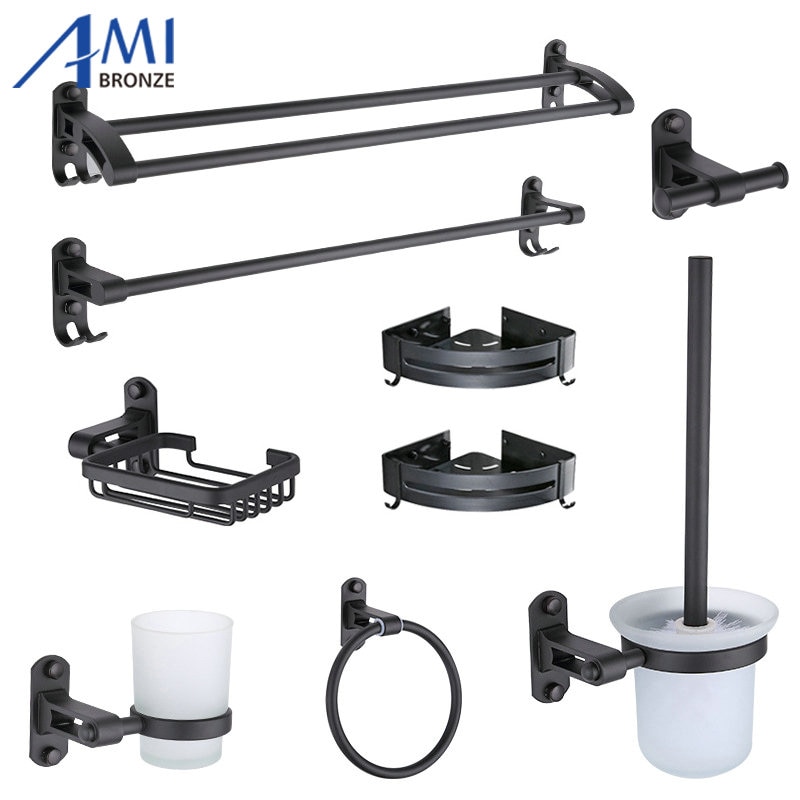 Zwarte Ruimte Aluminium Badkamer Hardware Handdoek Plank Handdoek Bar Papier Houder Doek Haak Zeepbakje Handdoek Ring