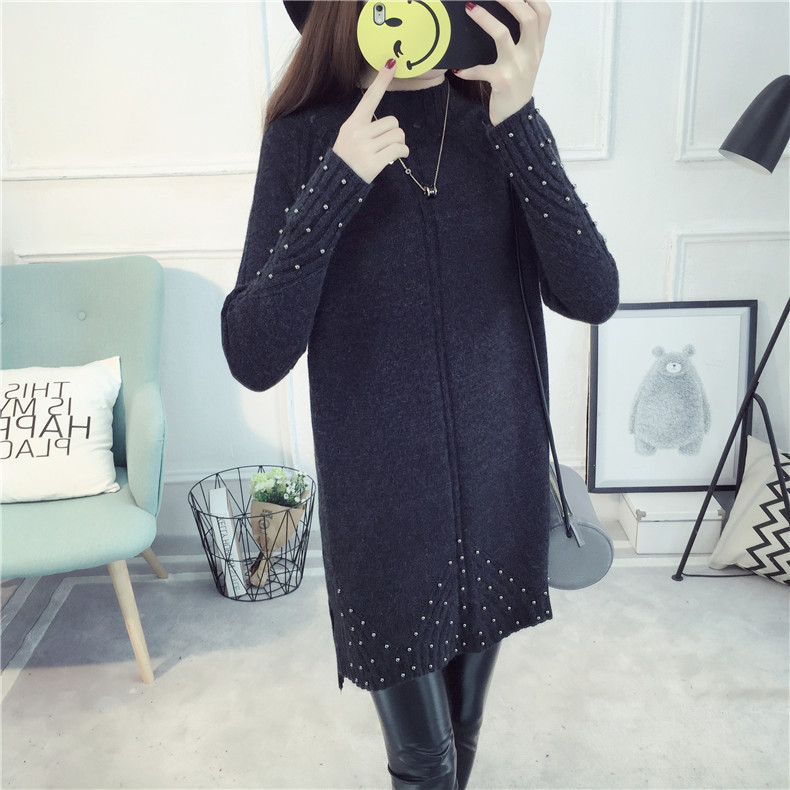 Women's Knitted Wool Dress Winter Turtleneck Beading Split Slim Thicken Medium Long Sweater Tops Female: W002120 black