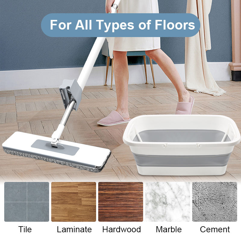 Fregona plana con cubo plegable, accesorio manos libres, almohadilla de repuesto de microfibra, giratoria automática, limpieza del hogar