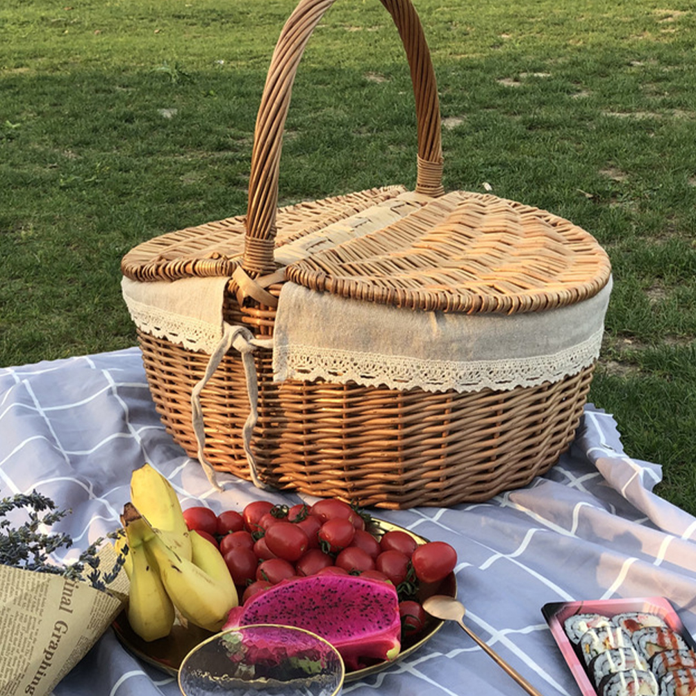 Picknickkorg för frukt, påsk, hushållssnacksbehållare, rottingkorg med lock, multifunktionell rottingkorg, hemleverans