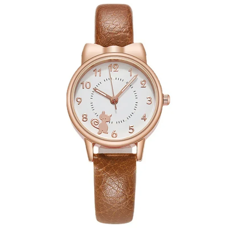 2024 Kinderen Horloge Kat Quartz Horloges Klokken Meisjes Leuke Cartoon Horloge Lichtgevende Pointer Kinderen Horloges voor Vrouwen Relogio: Bruin