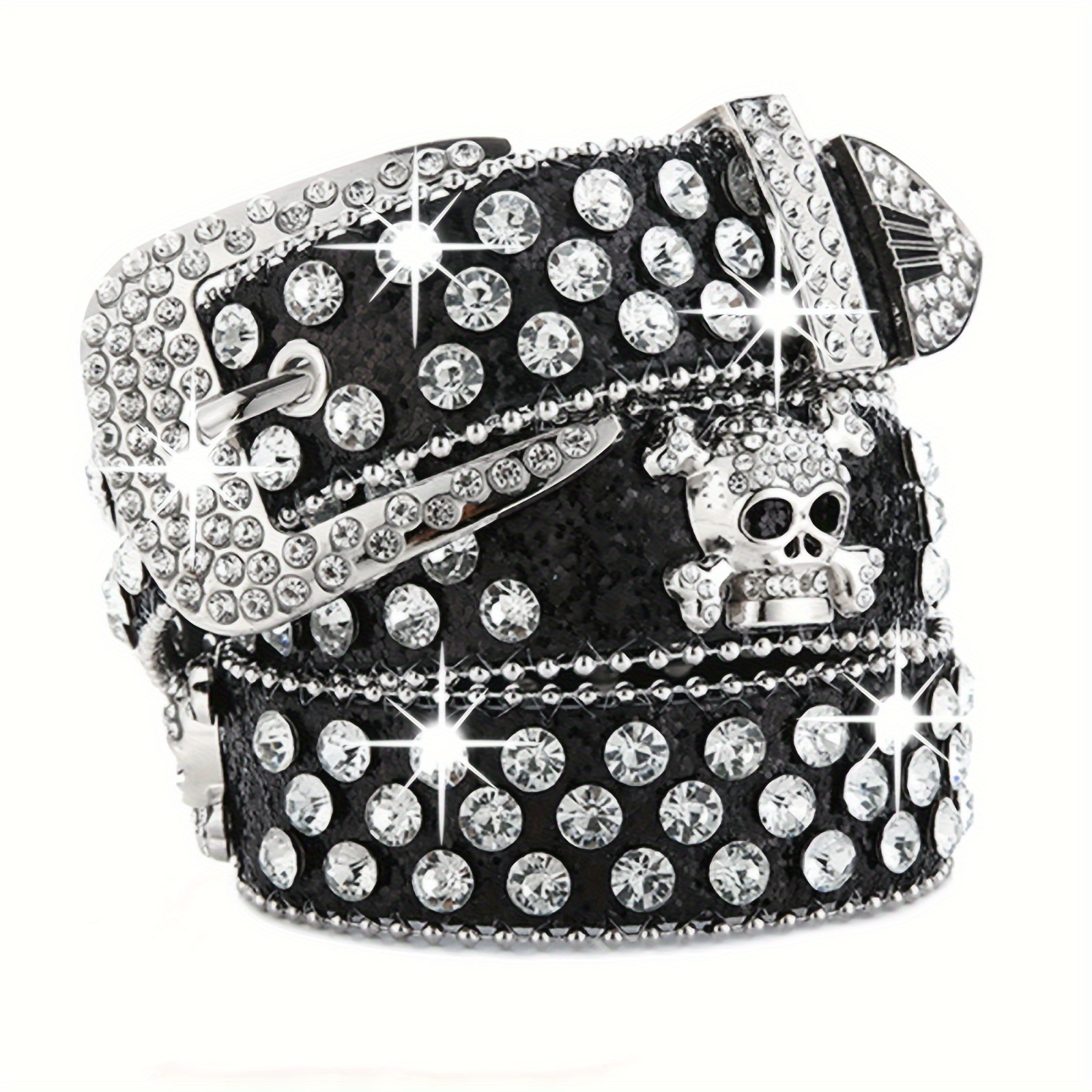 Skull Rivet Rhinestone Bb Belts Trendy Solid Color Sparkling PU Leather Belt Cowboy Cowgirl Jeans Pants Belt For Women Girls: black
