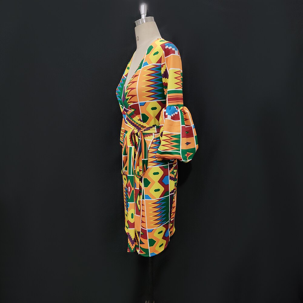 Robe africaine femmes col en V manches bouffantes moulante genou longueur Robes automne imprimé Robes de grande taille avec ceinture