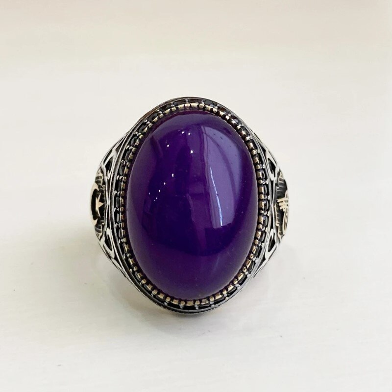 925 Sterling Silver Men Ring Original Rings Antique Pattern Amethyst Men Ring Vintage Jewelry Carving Pattern