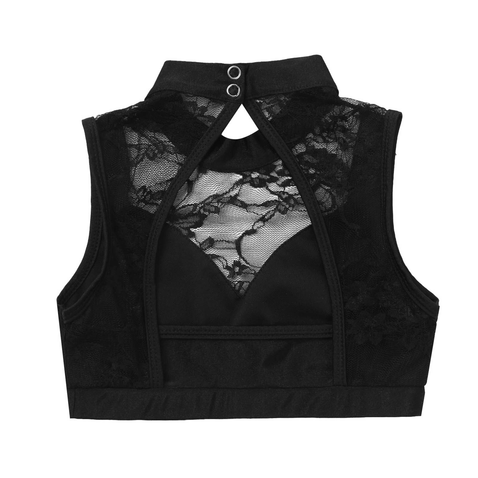 Kids Teens Girls Sleeveless Backless Lace Mesh Flower Dance Crop Top Girls Ballet Workout Gymnastics Tank Tops Ballet Dancewear