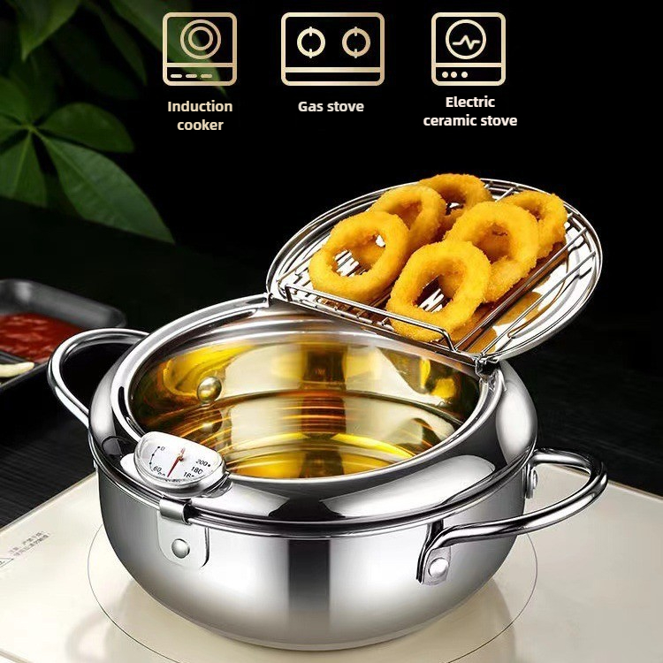 Friggitrice multifunzionale con termometro e scolapiatti per olio Utensili da cucina per fornelli a induzione a gas a doppio fondo per uso domestico
