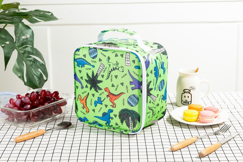 Heopono Full Cartoon Printed Polyester Thermal Insulated Cooling Box Bag Fitness BPA free Promotional Unique Printed Lunch Bag: Dinosaur