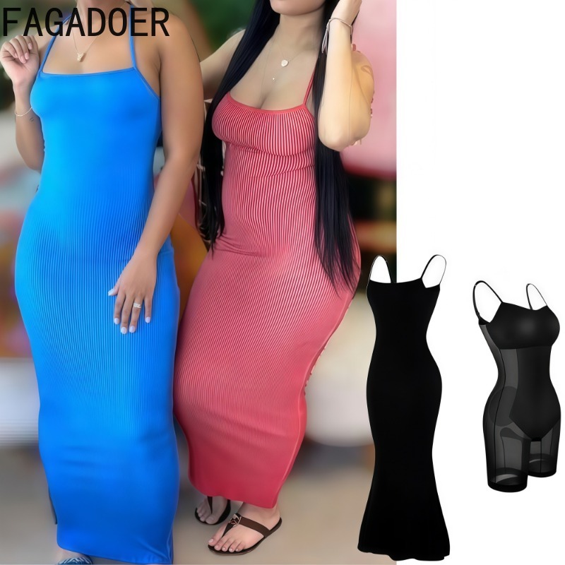 Fagadoer sexet ribbet bodycon lang kjole kvinder spaghettistropper stretchkjole kvinde streetwear vestidos sommer