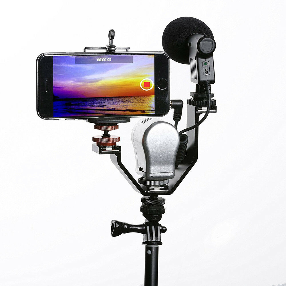 V Shape Triple Mount Shoe Flash Bracket For Speedlite DSLR Camera Microphone LED Video Light