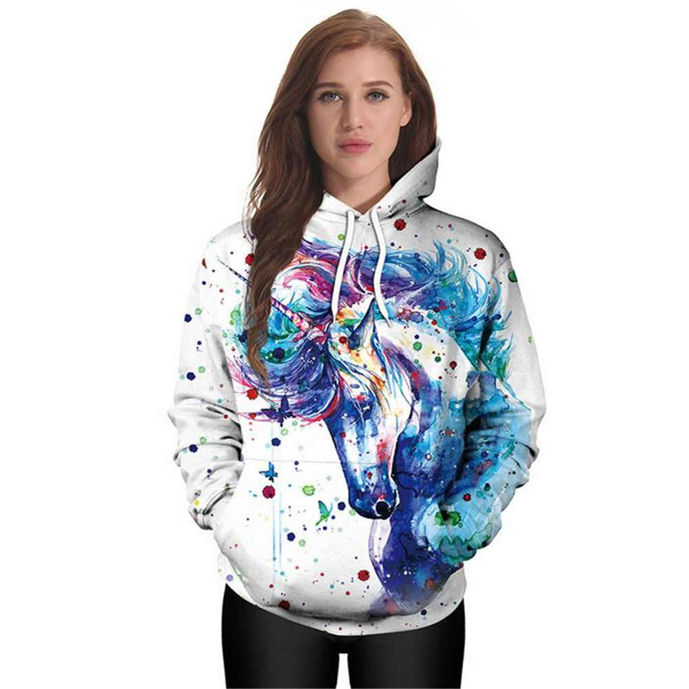 neue Digitale Druck Sweatshirt frauen Lose Mit Kapuze Aquarell Einhorn Pullover Kreative Paar Casual Outerwea