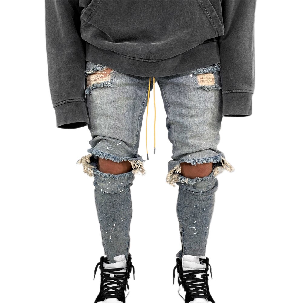 Pantalones vaqueros ajustados para hombre, Jeans rasgados rotos, estilo Hip Hop, pitillo, pantalones con parches bordados