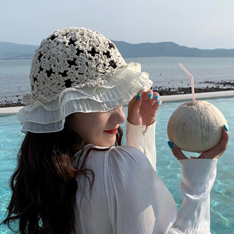 Women Lace Knitted Fisherman Hat Hollow Bucket Hat Crochet Hat Lace Flower Cute Sweet Romantic Sun Hat