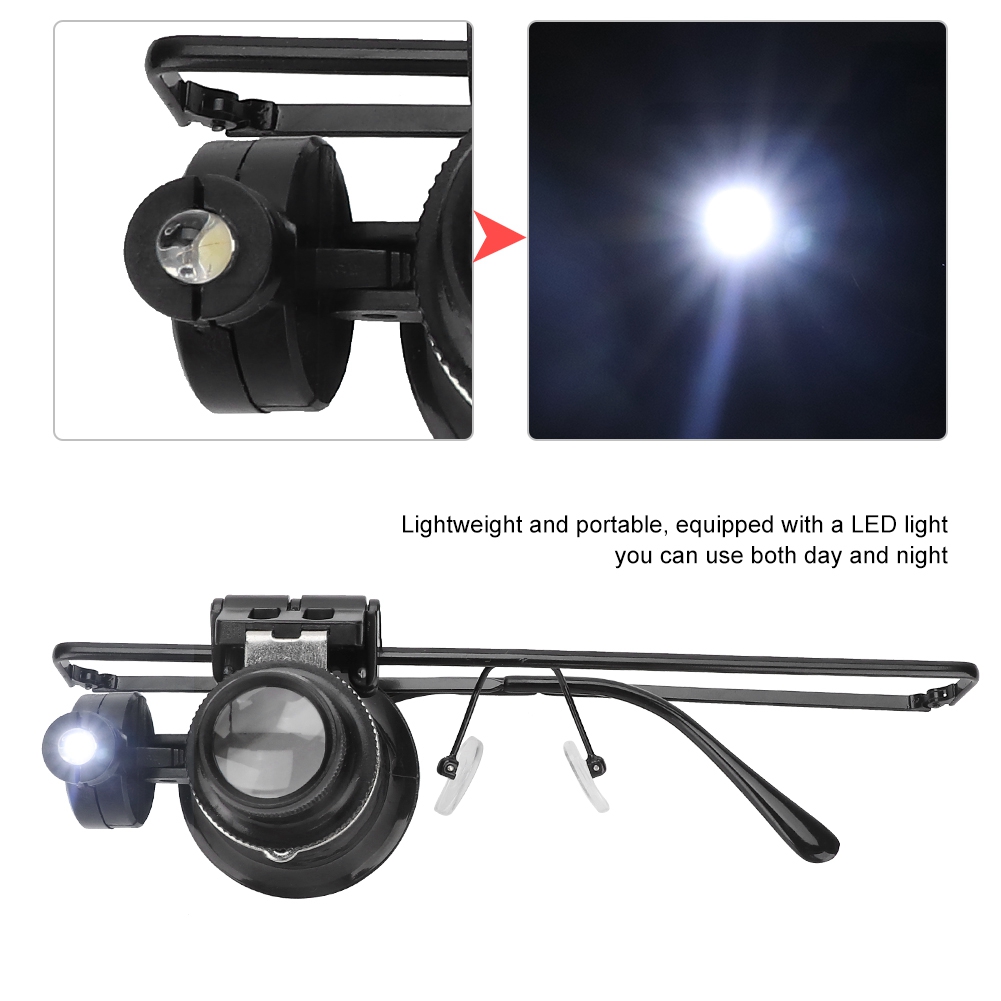 Gafas monoculares con lupa, lentes ópticas con luz LED, herramienta de reparación de joyería, accesorio de relojería, 20X