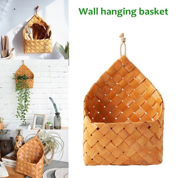 1pc wicker brown wood wall hanging pocket basket flat back door decor country decor