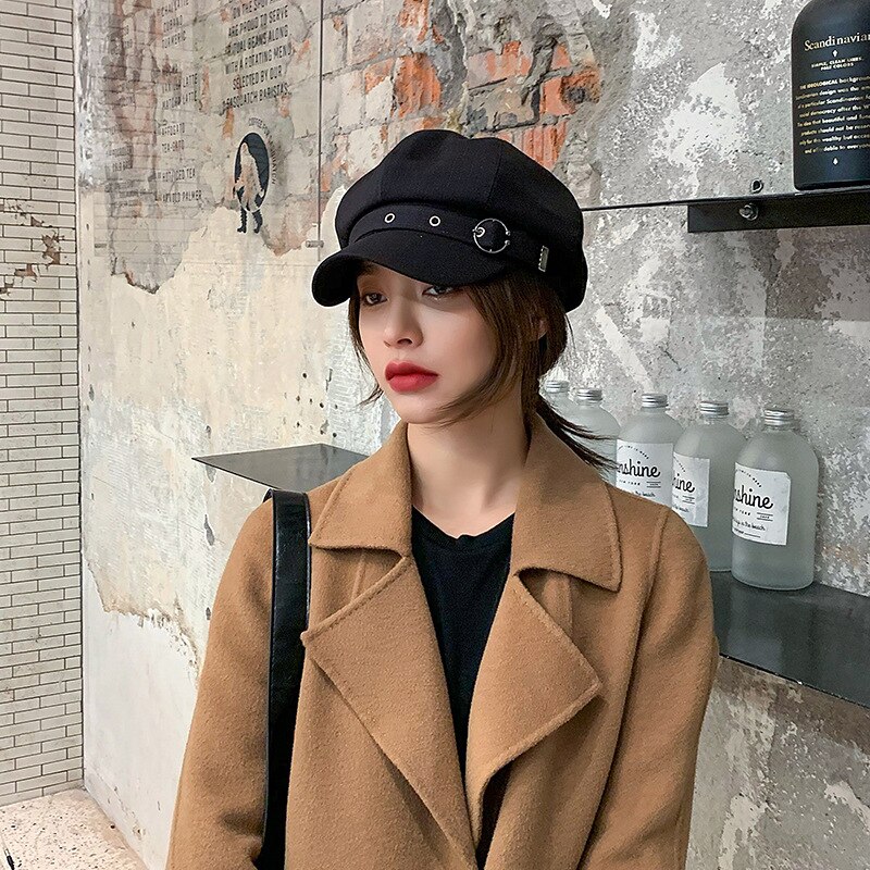 Hat Women Octagonal Cap Beret Striped Retro French Artist Hat Painter Octagonal Hats Black Brown Casual Caps