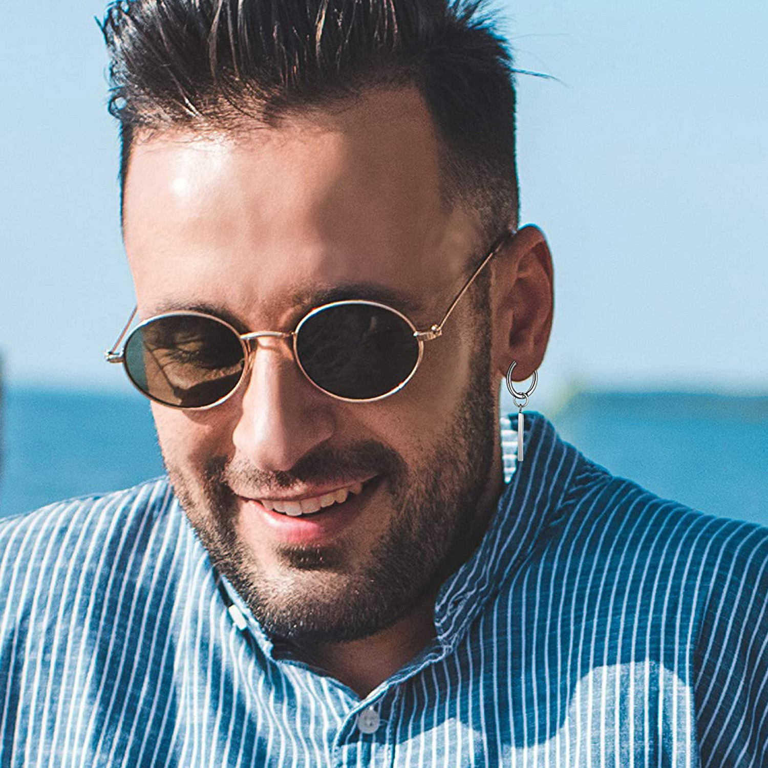 Pendientes de aro con bisagras para hombre, aretes colgantes de acero inoxidable, aretes colgantes de cadena larga con pluma L, 1 pieza