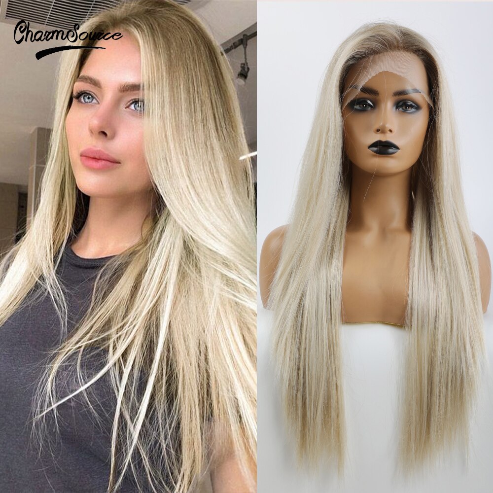 CharmSource Long Brown Root Ombre Blonde Wig Straight Lace Part Synthetic Wigs for Women Daily Hair High Density Heat Resistant: BL66034-1