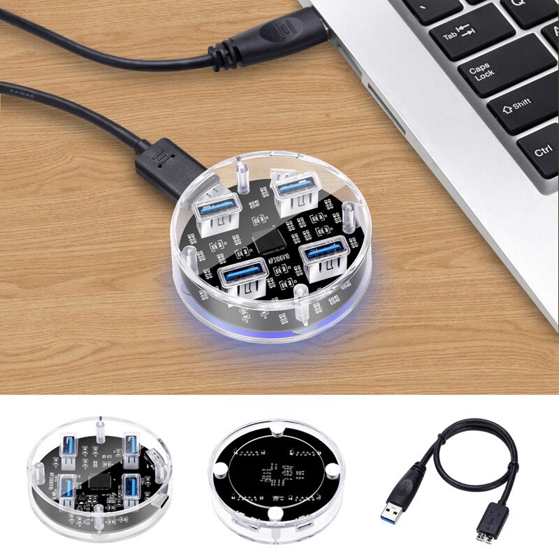 USB 3.0 Transparent Desktop HUB, 4 Ports USB3.0 Interface, 5Gbps Speed, with Dual-Port Power Supply, for Laptop Deskop Computer