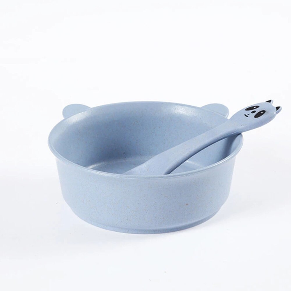 1pcs Baby Feeding Food Tableware Cartoon Panda Kids Dishes Baby Eating Dinnerware Set Wheat Stalk Anti Training Bowl Spoon: Blue