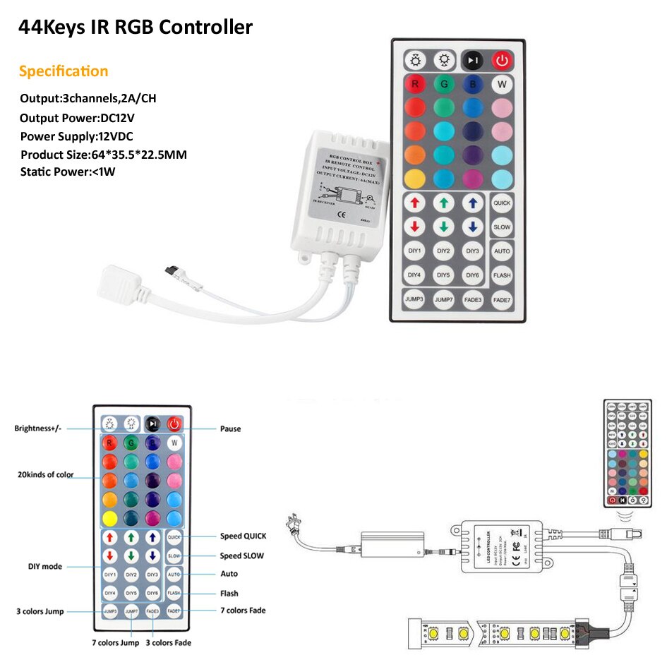24 Toetsen Ir Rgb Controller Voor 5050 Rgb Led Strip DC12V 72W 44 Toetsen Ir Rgb Controller