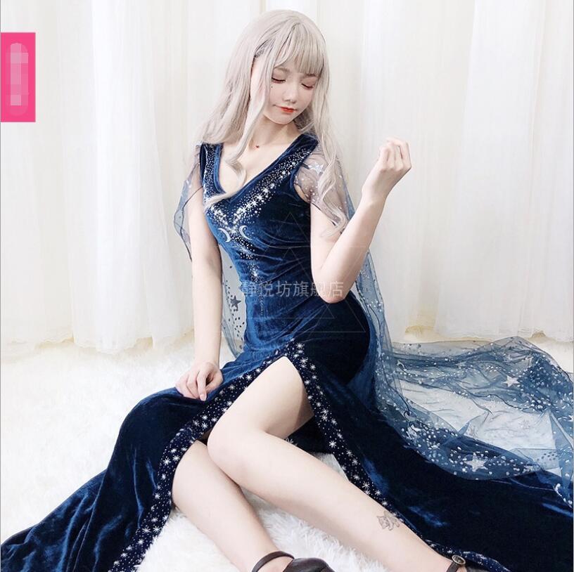Cos halloween kostume dronning stjerne kjole cape lolita kjole heks maskerade temperament kjole vestidos