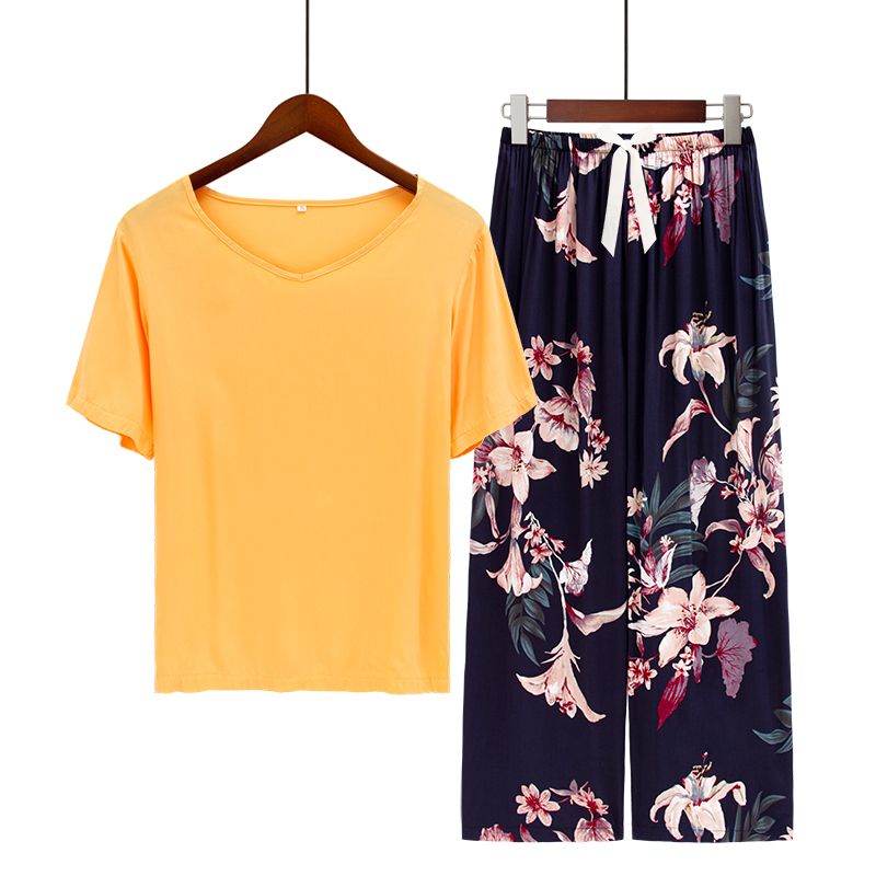 Breathable 2PCS Pajama Short Sleeve Printed Pijama Mujer Femme Loose Nightwear Suit Female Casual Homewear Pajama Set For Women