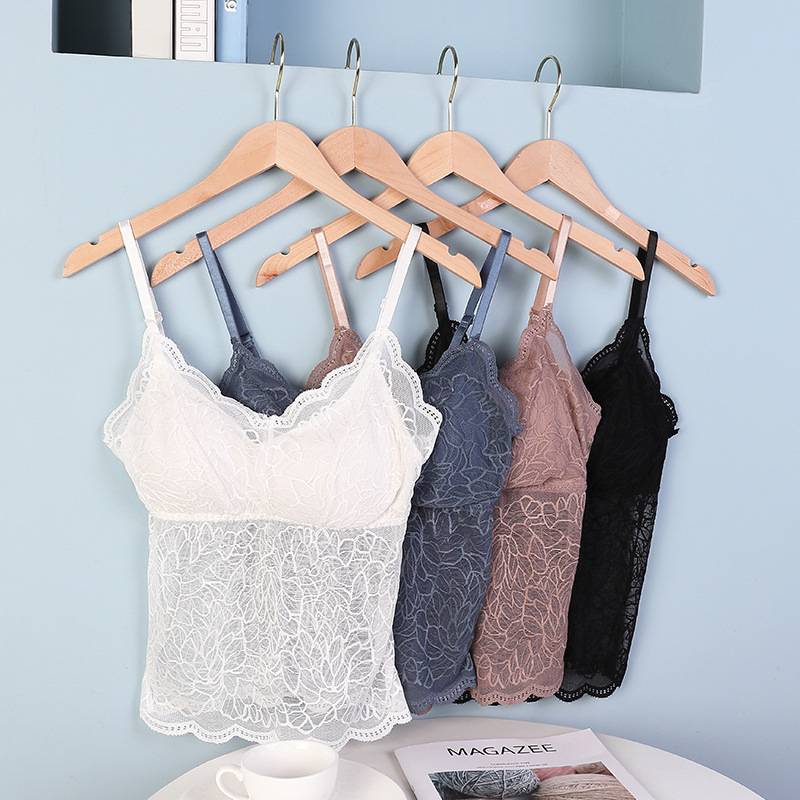 Women Crop Top Lace Bralette Wireless Padded Tank Top Deep V Lace Cami Lingerie Female Embroidery Floral Camisole