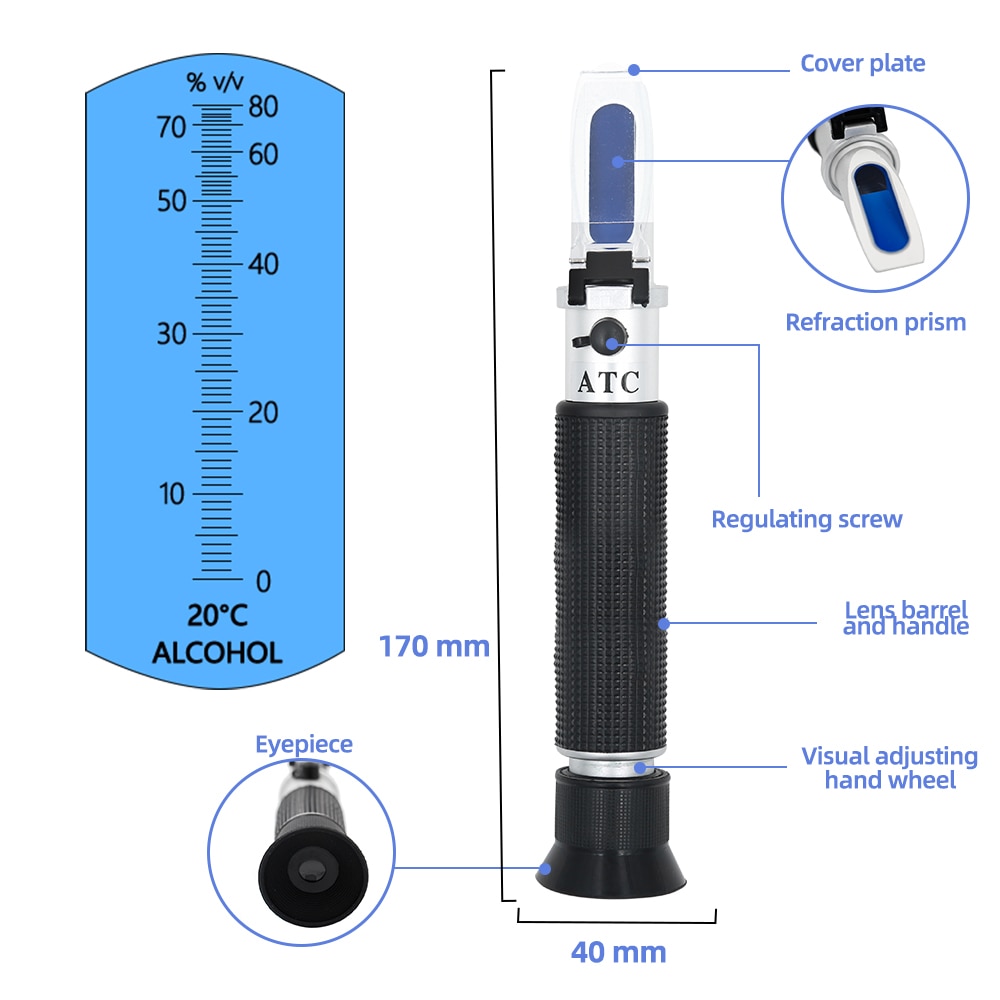 Håndholdt alkohol 0-80%  øl refraktometer brennevin tester bærbar alkoholometer justerbar manuell atc 29%  av