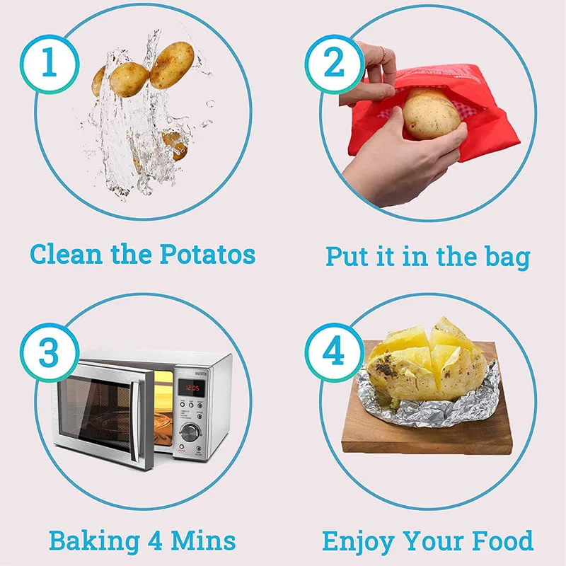 Bolsa de patatas para microondas, bolsa reutilizable para cocinar patatas en microondas exprés, cocina de patatas al horno, patatas perfectas, bolsa roja para hornear de 4 minutos