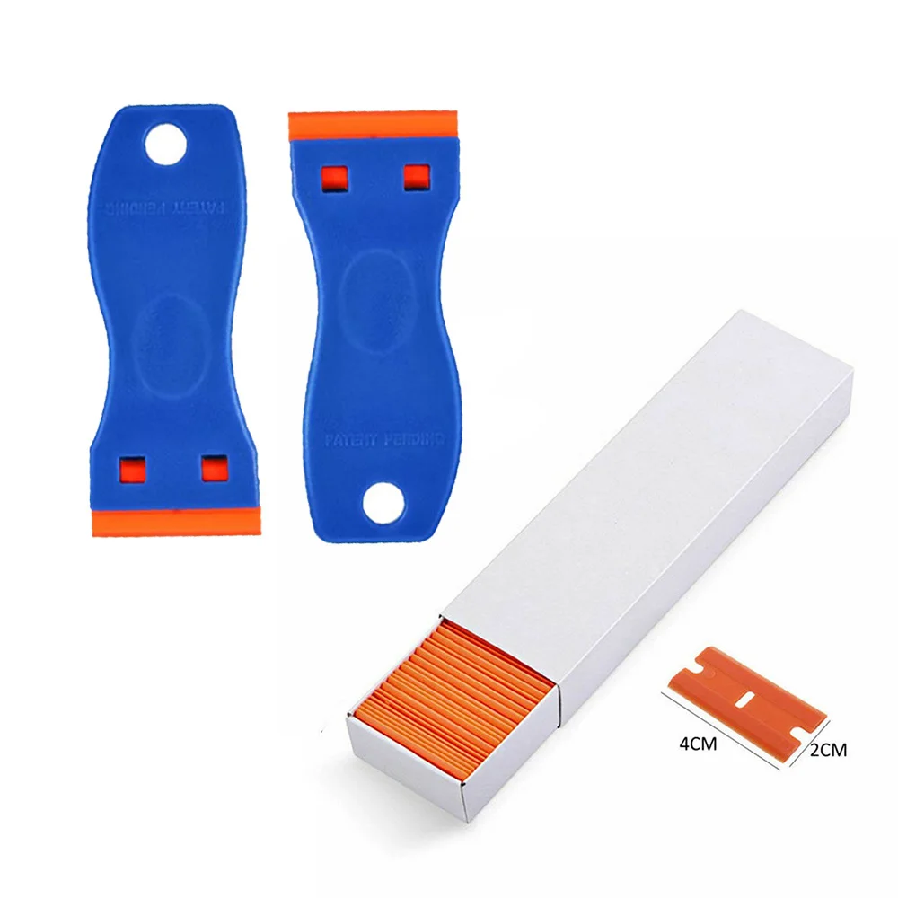 Plastic Razor Blade Scrapers Auto Glass with Blades Window Glue Remover Window Glass Clean Scraper Car Vinyl Wrap Tools Kit: Pink