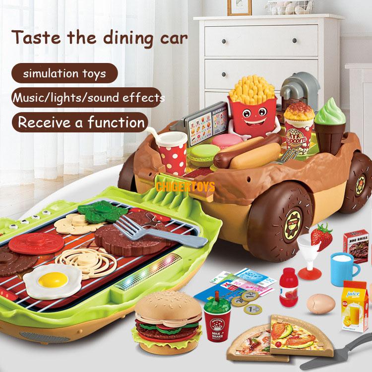 Spielhaus mit burger- und grillwagen, reichhaltigem zubehör, viel stauraum, bunten lichtern, kochgeräuschen und realistischer küchensimulation.
