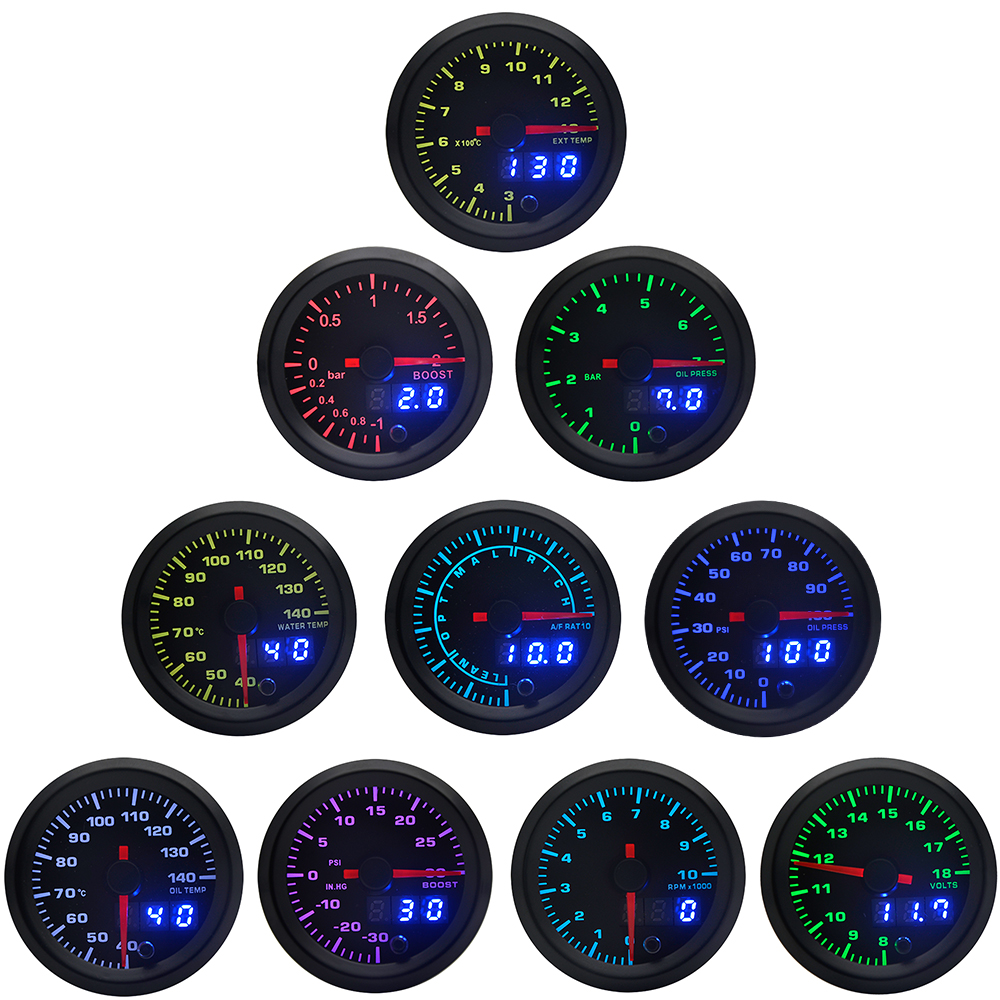 2 "52Mm 7 Kleuren Led Dual Display Boost/Water/Olie Temp/Olie Druk/Volt/Air Fuel Ratio/Egt/Toerenteller Auto Gauge + Gauge Pods