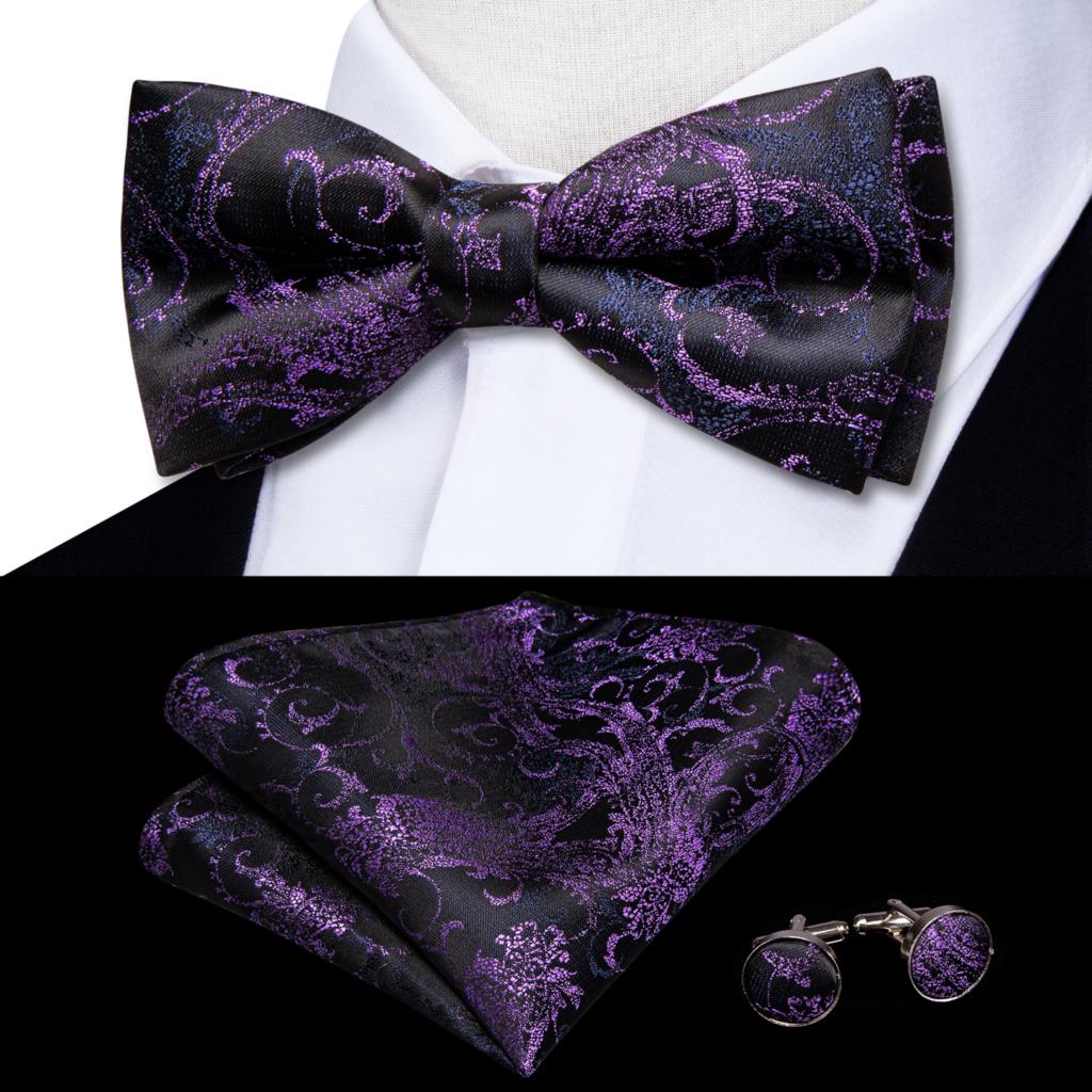 Gravata borboleta de nó masculino, Conjunto Hanky Cuffs, Pré-amarrado, Roxo, Lilás, Lavanda, Pansy, Violeta, Seda, Casamento, Negócios: Luz Roxa