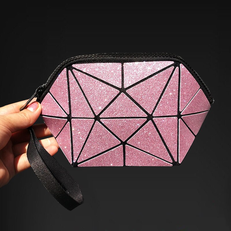 reflective geometric cosmetic bag for women: bling pink