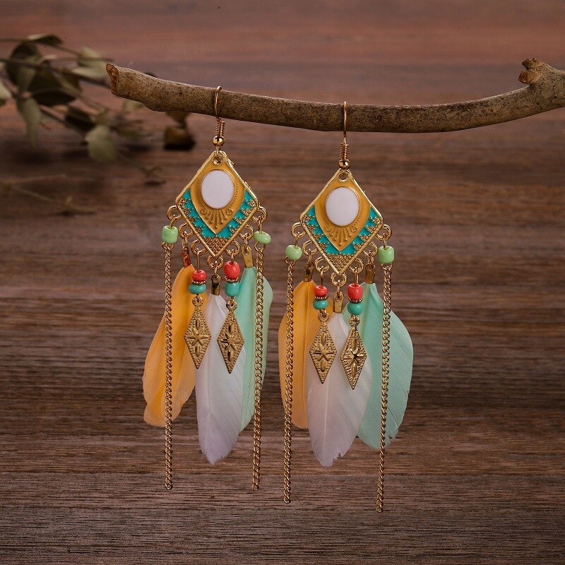 Etnische oorbellen met veren, damessieraden, bohemian zomerse metalen oorbellen met lange kwastjes, indiase sieraden: Dx027-3