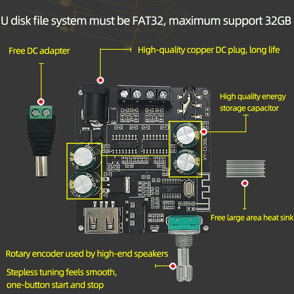 2*100W Bluetooth 5.0 Digital Power Amplifier Board AUX Speaker 2.0 CH Stereo Home Music Wireless Module Audio AMP