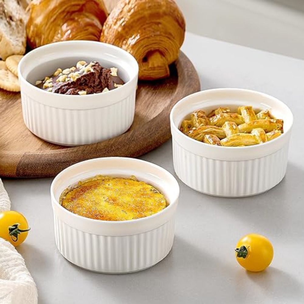 6pcs Baking Bowl 8 Oz Ramekin Porcelain with Lid Dessert Cup White High Temperature Resistant Pudding Cup Dishwasher